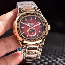 Charger l'image dans la galerie, Luxury Brand New Men Stainless Steel Automatic Mechanical DayDate Transparent Moon Phase Sapphire Rose Gold Vintage Carved Watch (4317461971029)