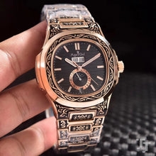 Charger l'image dans la galerie, Luxury Brand New Men Stainless Steel Automatic Mechanical DayDate Transparent Moon Phase Sapphire Rose Gold Vintage Carved Watch (4317461971029)